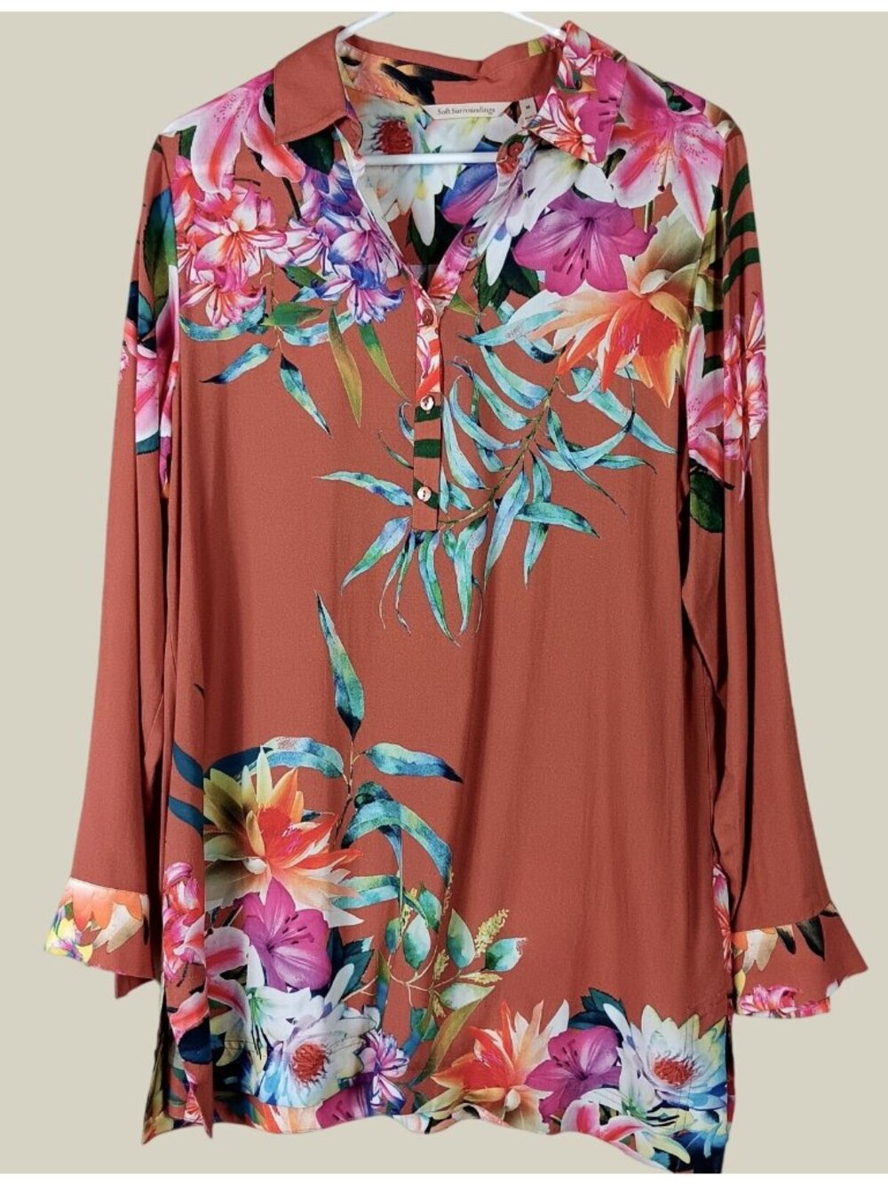 Soft Surroundings Floral Tunic Blouse Womens M Terracotta Boho Chic Lagenlook